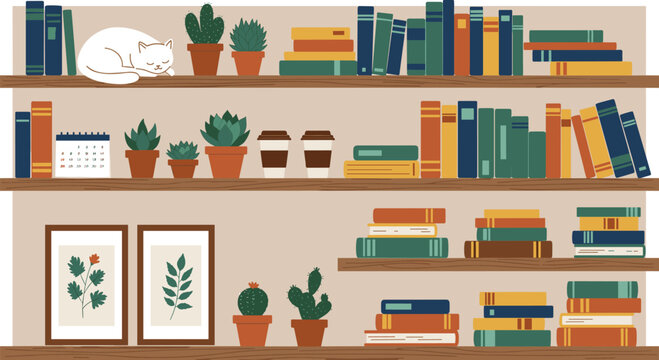 Cozy bookshelf with plants, cute sleeping cat, coffee cups, home library decor, minimal wall art, colorful books, relaxing reading corner