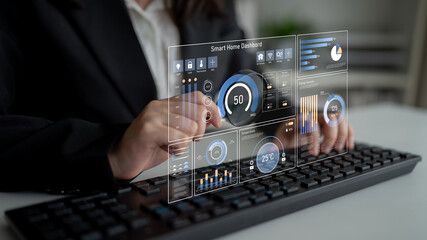 Smart home dashboard manages IoT system. Smart home dashboard controls temperature, dashboard...