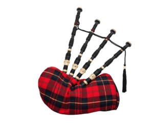 Detailed studio shot showcasing the intricacies of a Scottish bagpipe with tartan cover