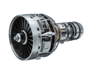 Detailed view of a modern jet engine, showcasing its advanced engineering and complex design