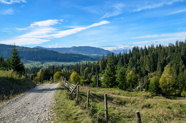 Idyllic rural landscape featuring a dirt trail bordered by fences, surrounded by green fields,...