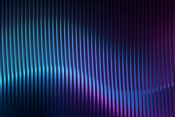 Abstract image of vertical lines with blue and purple gradient illumination creating a wave pattern