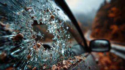 Shattered windshield in late afternoon shows impact on road near city, dark mood with blurred light