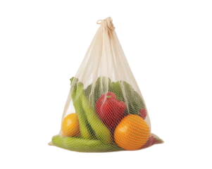 Eco friendly reusable mesh bag full of fresh produce promotes sustainable living approach