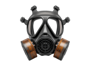 Eerie full face respirator mask with orange filters, safety protection equipment concept