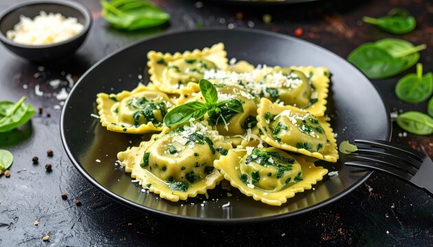 Homemade Italian ravioli with a spinach and ricotta filling, garnished with grated parmesan cheese and black pepper on a dark plate.