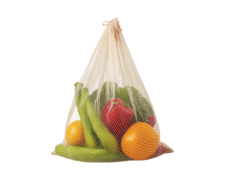 Eco friendly reusable mesh bag full of fresh produce promotes sustainable living approach