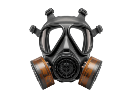 Eerie full face respirator mask with orange filters, safety protection equipment concept