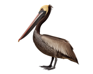 Elegant brown pelican portrait showcasing striking plumage and distinct features against a plain setting