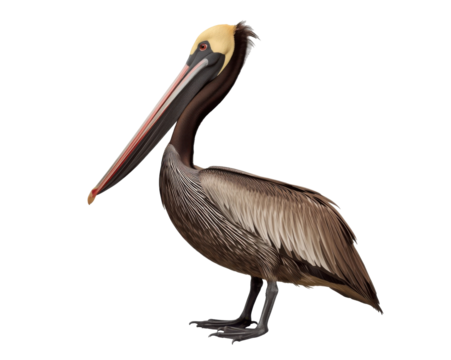 Elegant brown pelican portrait showcasing striking plumage and distinct features against a plain setting