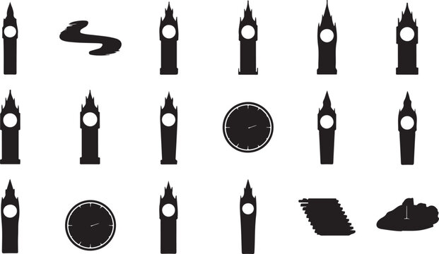 Vector art of collection of big ben silhouette vector illustrations a set of various designs of the iconic clock tower in london, england