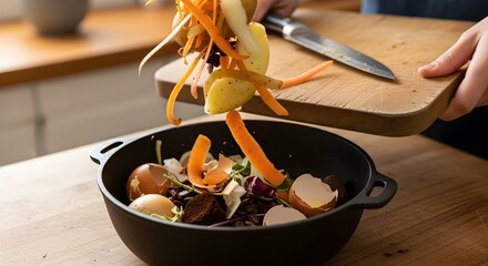 Person composting vegetable scraps and peels in a black compost bin on a wooden countertop, promoting sustainable waste management and organic gardening by recycling kitchen waste naturally.