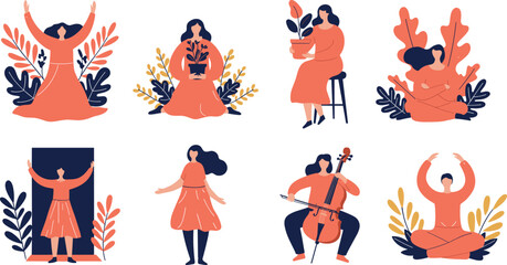 Stylized people illustration set, nature and mindfulness theme, flat vector design, coral and navy palette, creative poses, foliage background elements