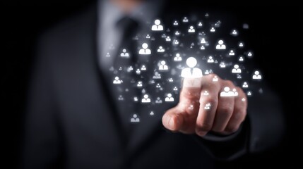 business people technology employment and hiring concept  businessman in suit working with virtual contact icons over black background no logos no brands ar 169