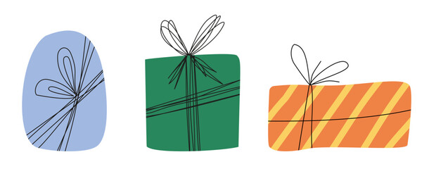 Hand drawn gift boxes set, doodle sketch present vector illustration, Christmas and birthday holiday decoration