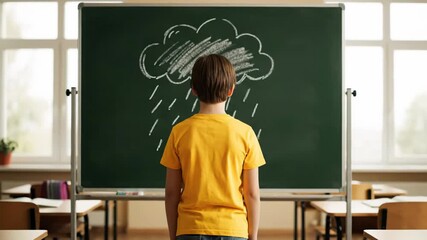 Sad boy at school blackboard with rain cloud shows bullying problem this is a very lonely and depressed kid this is a great mental health and childhood education concept this is sad