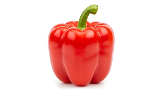 Fresh whole red bell pepper with green stem, vibrant color, and glossy surface on a white background—perfect for cooking, healthy eating, food photography, and fresh vegetable presentations. - Powered by Adobe