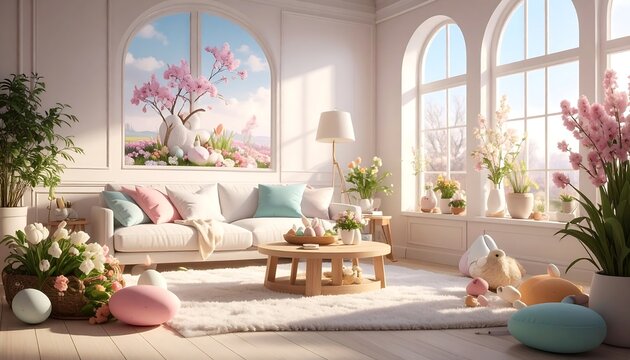 A bright, airy living room decorated for Easter