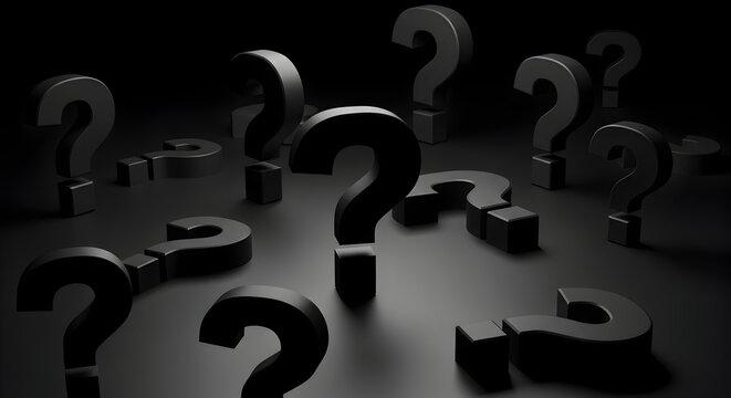Black 3D Question Marks Clustered on Glossy Surface with Single Question Mark Emphasized — Mystery, Decision and Uncertainty Concept - Powered by Adobe