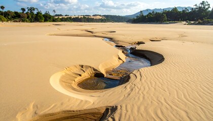 A vast expanse of pale sand, sculpted by a dry riverbed, reveals intricate patterns and shallow pools.