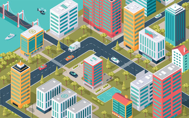 Big colorful cartoon isometric city illustration with modern infrastacture