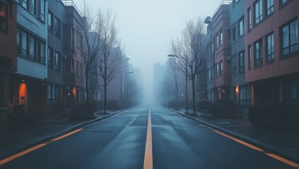 Obraz premium Misty morning street with vacant buildings