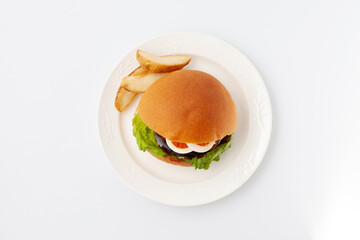 お皿にのせたテリヤキバーガー 白背景