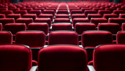 Obraz premium Empty red velvet theater seats receding into depth