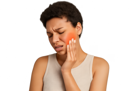 Young woman suffering from strong toothache touching cheek with transparent background
