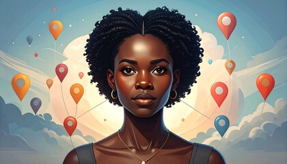 A woman with expressive eyes, framed by curly hair, gazes thoughtfully amidst a backdrop of location markers floating in a soft, pastel-colored sky.