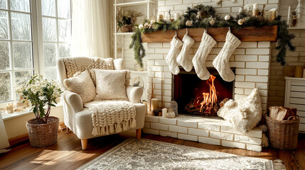  fireplace in the living room decorates Christmas tree. Christmas holiday