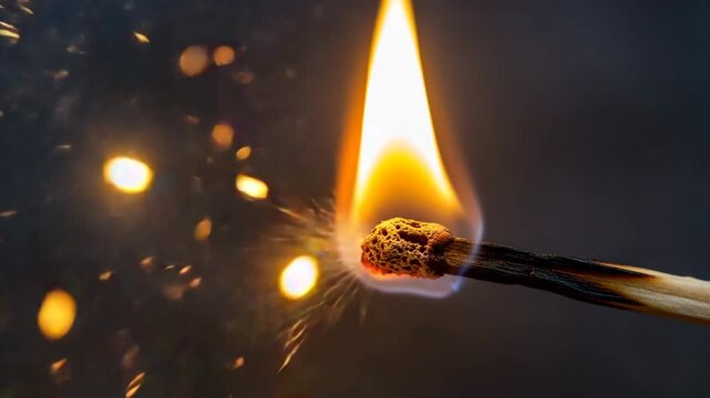 A match ignites, creating a burst of light and warmth, the flame dancing against the dark background, illuminating the surrounding space with a golden glow