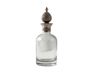 Elegant clear glass bottle with ornate silver stopper against a stark backdrop emphasizing its refined design