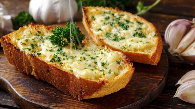 Delicious garlic bread on a wooden board, ready to be enjoyed.