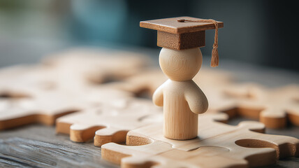 A wooden graduate figure on puzzle pieces illustrates education planning and career fit, expressing learning goals achievement and strategic personal development.

