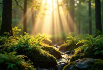 Fototapeta premium Sunlight Filtering Through Dense Forest Canopies Creating Ethereal Patterns of Light and Shadow in Tranquil Woods