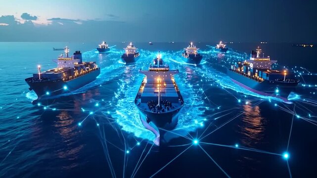 Digital Ocean: Futuristic Cargo Ships Connected with Futuristic Communication Lines