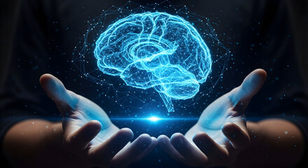 Holographic Brain Projection Hovering Above Open Hand with Digital Neural Network Overlay — Futuristic AI and Brain-Computer Interface Concept