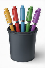 Colorful pens in a dark gray holder.
