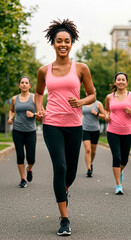 Fototapeta premium Group of young women running in park, outdoor fitness and healthy lifestyle, vertical, copy space