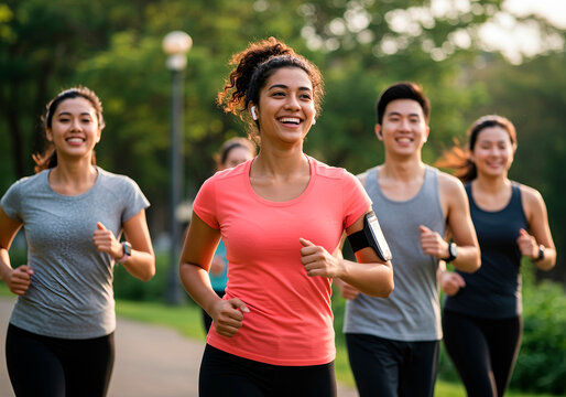 Group of young adults running in park, outdoor fitness and healthy lifestyle, horizontal, copy space