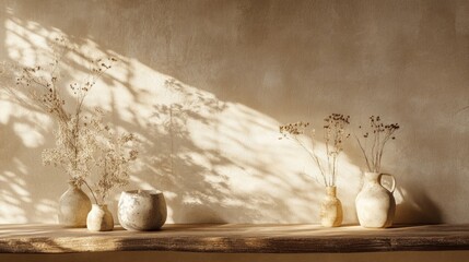 Decorative pottery and dry flowers on wooden shelf