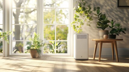 Bright room with air purifier and indoor plants