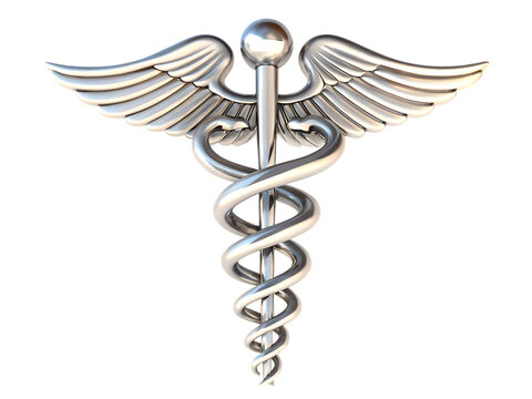 Silver caduceus medical symbol isolated on a transparent background