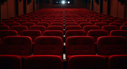 Empty red velvet theater seats receding into depth