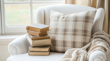 Cozy reading nook with books and pillow