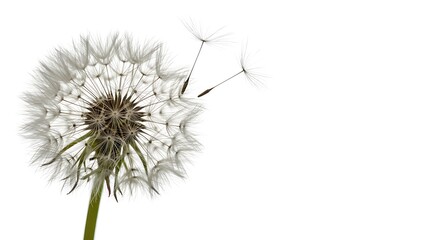 Dandelion Seed Head with Flying Seeds on White Background