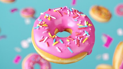 Delicious pink donut with sprinkles floating in a vibrant background a sweet treat temptation