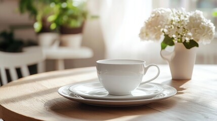 Cozy morning setup with a tea cup and flowers