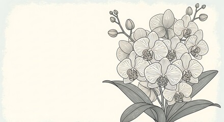 Elegant monochrome orchid botanical illustration with intricate line art for decorative design